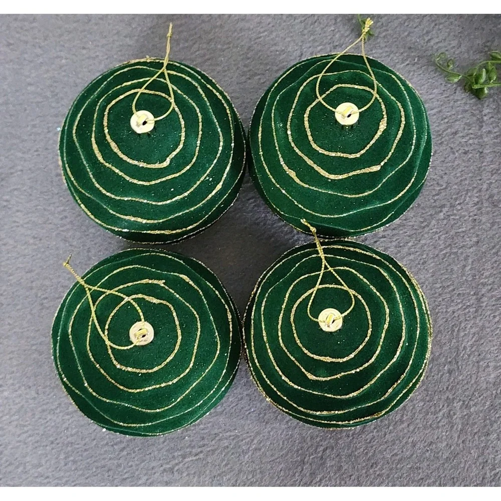 4 Green Velvet‎ Flocked Christmas Wavy Ball Ornaments Gold Glitter Plastic 4